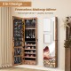 Frameless full-length mirror with rustic brown jewelry cabinet, featuring LED lights and spacious storage for.
