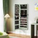 Wall-mounted green jewelry cabinet with LED lights, featuring multiple storage options and a full-length mirror for.