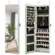 Wall-mounted green jewelry cabinet with LED lights, full-length mirror, and spacious storage for rings, necklaces, and.