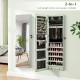 Wall-mounted jewelry cabinet in green with full-length mirror, featuring LED lights and spacious storage for.