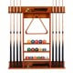 Wall-mounted billiards pool cue rack in brown, made of solid pine wood, holds 8 cues and 15 balls for organized storage.