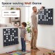 Wall-mounted metal Connect-4 game in black with acrylic discs, designed for easy play and adjustable height for all ages.