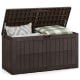 Dark brown waterproof lockable outdoor deck box with ample 120 Gal capacity for cushions and tools, doubles as a bench.