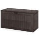 Dark brown waterproof lockable outdoor deck box with wicker texture, 120 Gal capacity for tools and cushions.
