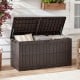 Dark brown waterproof lockable outdoor deck box with cushions, offering 120-gal capacity for tools and seating for 3.