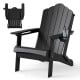 Black folding Adirondack chair made of weather-resistant HDPE with a high backrest and built-in cup holder for outdoor relaxation.