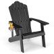 Black Weather Resistant HIPS Adirondack chair with ergonomic armrests and hidden cup holder, perfect for outdoor.