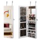 Wall-mounted jewelry cabinet in white with full-length mirror, LED lights, and ample storage for jewelry and cosmetics.