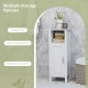 Freestanding bathroom cabinet with open shelf and single door, featuring adjustable shelves for versatile storage.