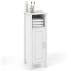 Freestanding bathroom cabinet with one door and open shelf, featuring adjustable shelves and a sleek white finish.