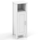 Freestanding white bathroom cabinet with one door and open shelf, featuring adjustable shelves for versatile storage.