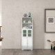Freestanding white bathroom cabinet featuring a modern design, with 2 glass doors, adjustable shelves, and raised legs.