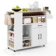 Rolling kitchen island cart in white and natural wood with ample storage, power outlets, and wheels for easy mobility.