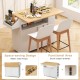 Rolling kitchen island cart in white and natural wood with drop leaf design, power outlet, and space-saving features.