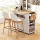 Rolling kitchen island cart in white and natural wood with ample storage, charging station, and drop leaf design for.