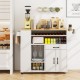 Rolling kitchen island cart in white and natural, featuring ample storage, power outlets, and a drop leaf design for.