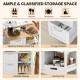 Rolling kitchen island utility cart in white with rubber wood top, 3 large drawers, and 2 open shelves for organized.
