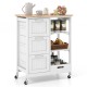 White rolling kitchen island utility cart showcasing a sturdy rubber wood top and ample storage with 3 large drawers.