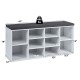 10-cube organizer entryway padded shoe storage bench in white with removable cushion, featuring adjustable shelves.
