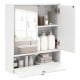 White bathroom cabinet with double mirror doors, featuring adjustable shelves for organized storage and modern design.