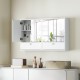 Elegant white bathroom cabinet with double mirror doors, showcasing a spacious interior for organized toiletries and.