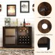 Wine bar cabinet in rustic brown with LED lights, adjustable shelves, and wine storage for home bar or living room use.