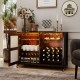 Rustic brown wine bar cabinet with LED lights, adjustable shelves, and wine glass holders, perfect for home bars.