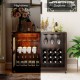 Rustic brown wine bar cabinet with LED lights, adjustable shelves, and wine glass holders for home bar or kitchen use.