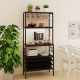 Rustic brown wine organizer with power outlet, 4-tier shelves, and 24 bottle holders, ideal for home bar or kitchen.