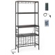 Rustic brown wine organizer with power outlet, 4-tier shelves, 24 bottle holders, and 8 hooks for versatile storage.