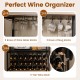Wine organizer in rustic brown featuring 24 bottle holders, glass and mug racks, and built-in power outlet for home bar.