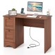 Wooden vintage computer desk in walnut finish with two side drawers, large surface, and unique metal knobs for home.