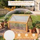 Wood cold frame greenhouse with transparent PVC panel and adjustable roof vents for plant protection and airflow.