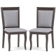 Set of 2 wood dining chairs with brown rubber wood frame and padded gray linen seats for comfortable dining.