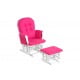 Heart pink wood glider chair with padded armrests and matching ottoman, designed for comfort and easy cleaning.