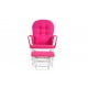 Wood glider and ottoman set in heart pink with padded armrests, featuring a smooth gliding motion for comfort.