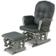 Dark gray wood glider and ottoman set with padded armrests, featuring a detachable cushion for easy cleaning.