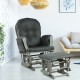 Dark gray wood glider and ottoman set with padded armrests, featuring a smooth gliding motion for comfort and support.