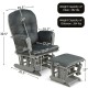 Dark gray wood glider and ottoman set with padded armrests, featuring smooth gliding motion and detachable cushion for.