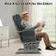 Dark gray wood glider with padded armrests and detachable cushion, ideal for comfortable seating for the elderly.