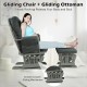 Gliding chair and ottoman set in dark gray with padded armrests, featuring smooth gliding motion for comfort.