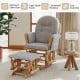 Wood glider and ottoman set with padded armrests, featuring a stable frame and comfortable reclining for relaxation.