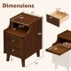 Wood nightstand with two drawers and pull-out tray, featuring solid rubber wood construction and cable management.