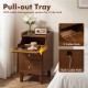 Wood nightstand featuring a pull-out tray, cable management system, and two drawers for convenient bedside storage.
