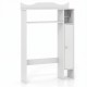 White wood over the toilet bathroom space saver with shelves and a toilet paper holder for efficient storage.