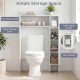 Wood over the toilet bathroom space saver in white with top shelf, open storage, side cabinet, and toilet paper holder.