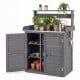 Gray wood plant workstation features a stainless steel tabletop, double door cabinet, and removable shelves for gardening.