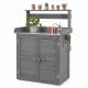 Wood plant workstation in gray with stainless steel tabletop, double door cabinet, and removable shelves for gardening tools.