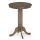Round gray wood pub dining table with pedestal base, 30" size, sturdy rubber wood frame, ideal for 2-4 people.