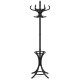 Black wood standing hat coat rack with umbrella stand, featuring a rotating top tier and stylish curved hooks for versatile storage.